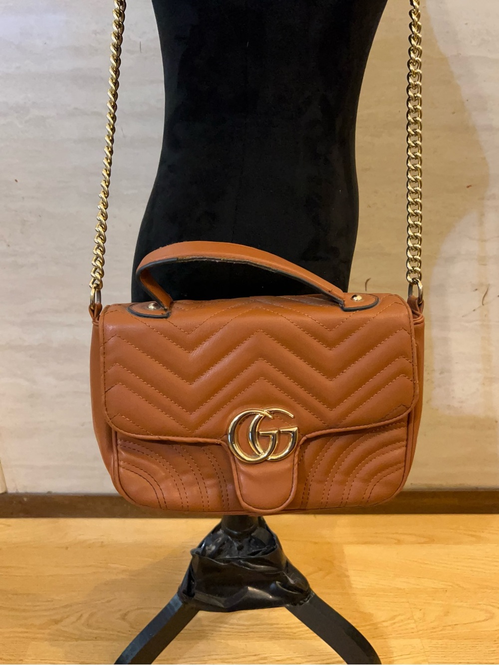 Designer Inspired brown quilted handbag featuring an interlocking double-G logo